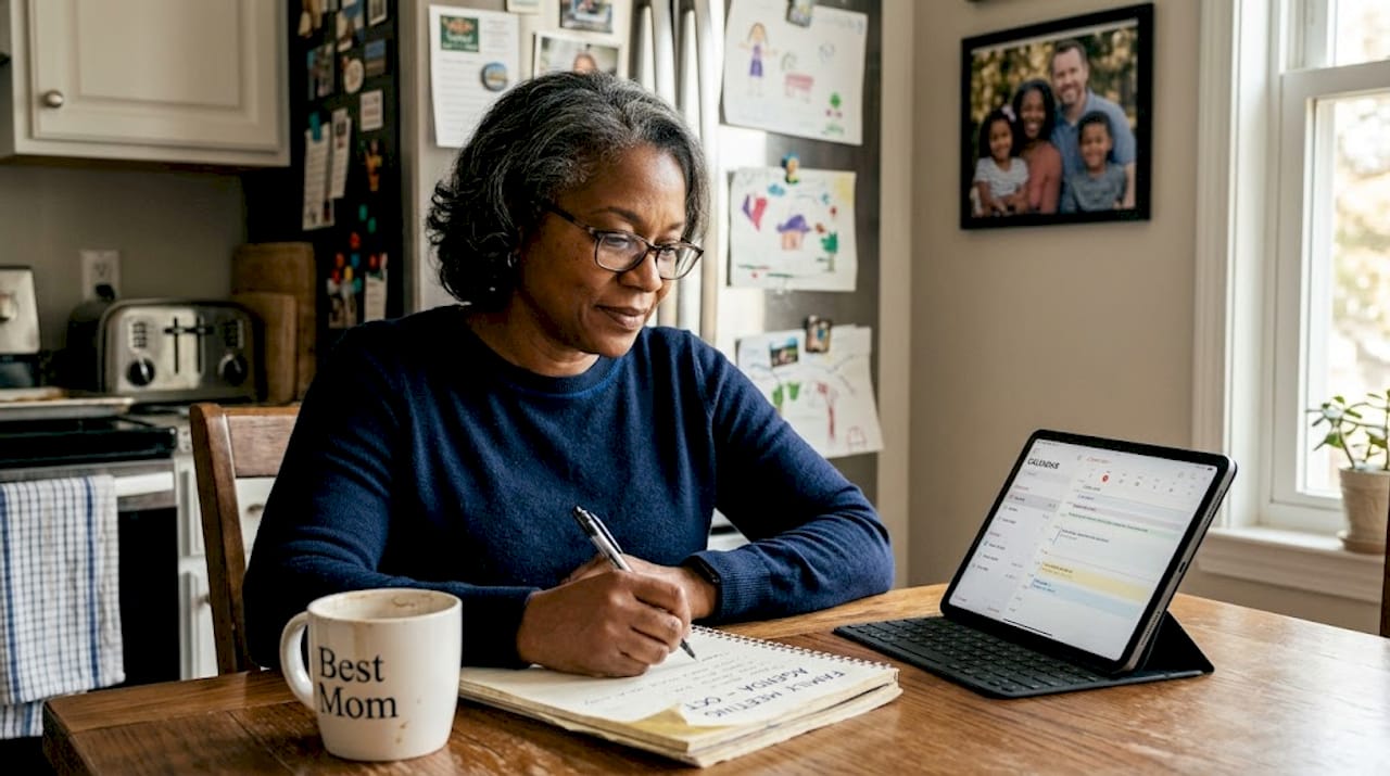 Woman preparing family meeting agenda at kitchen table