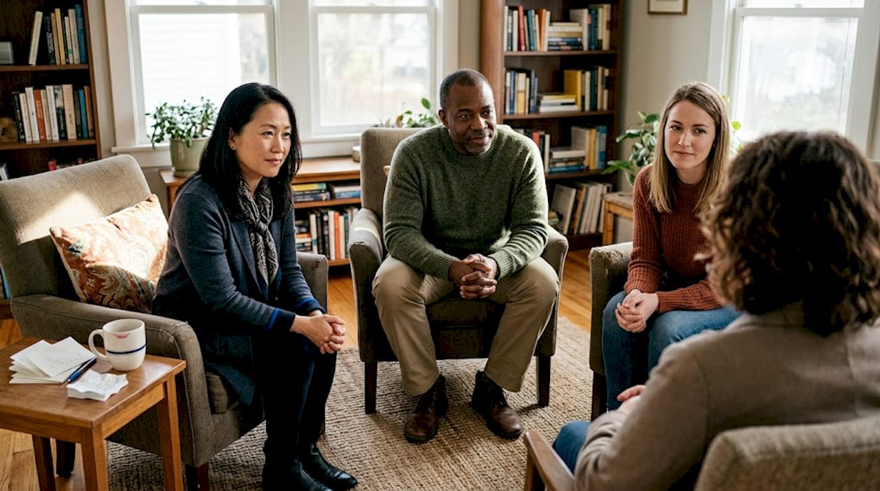 Diverse therapists engaged in counseling session