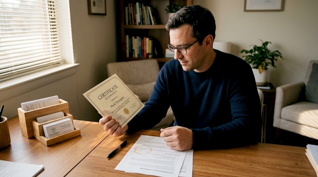 Man reviewing anger program certificate in office