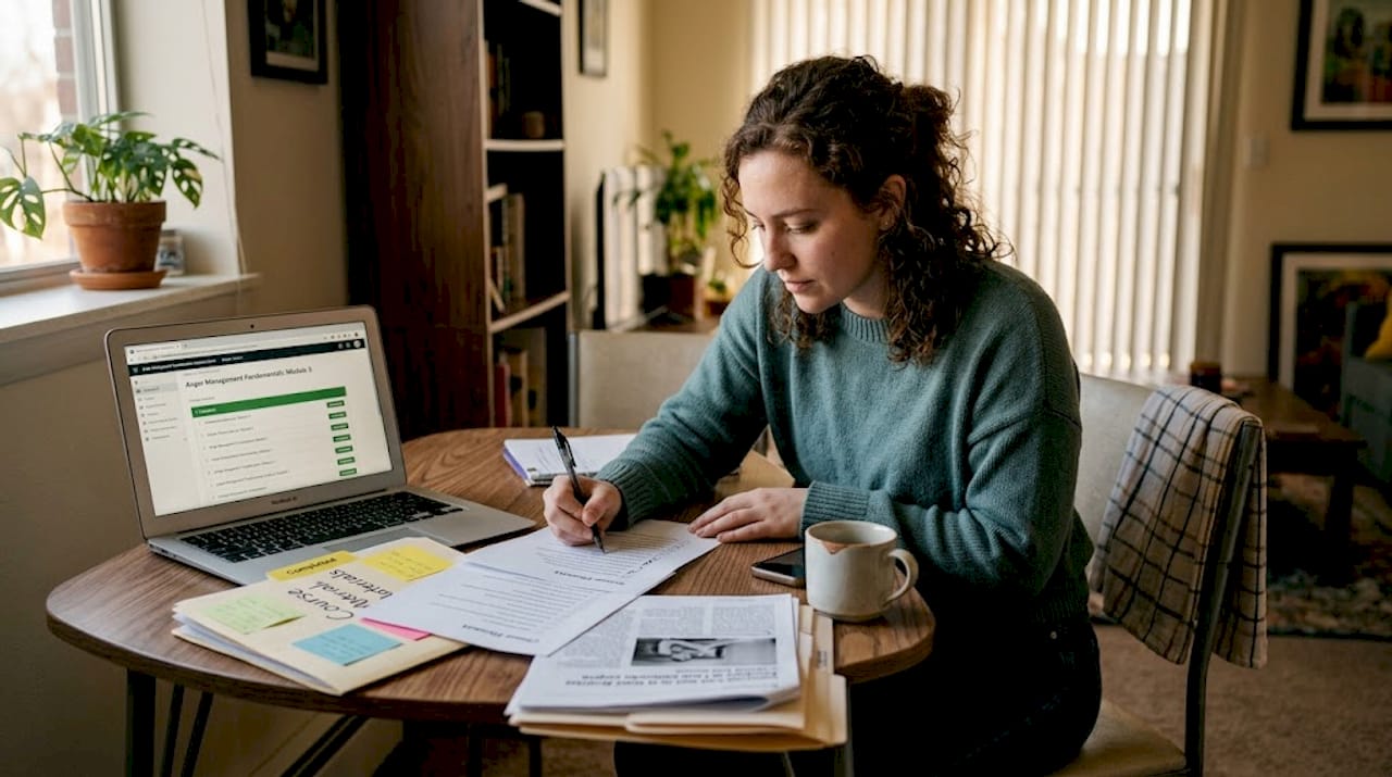Woman organizing anger management course compliance paperwork
