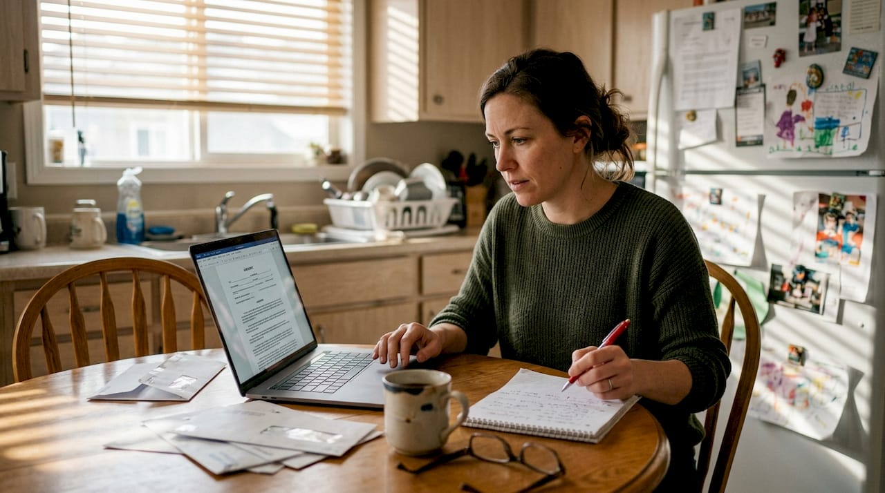 Mother reviewing custody documents in kitchen