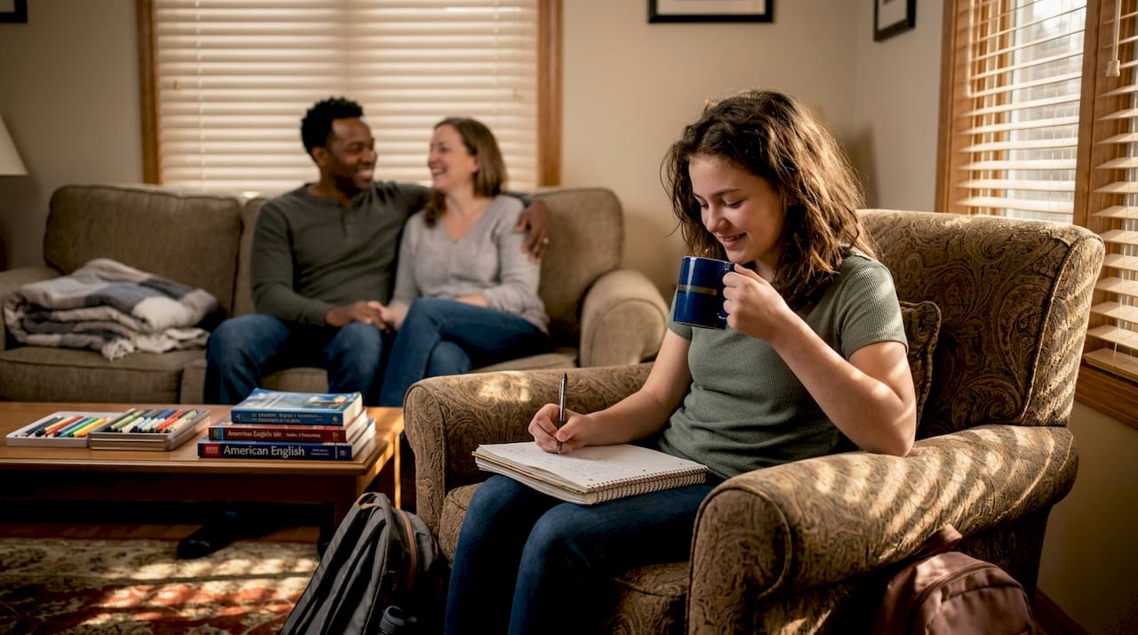 Teen girl journaling coping skills in living room