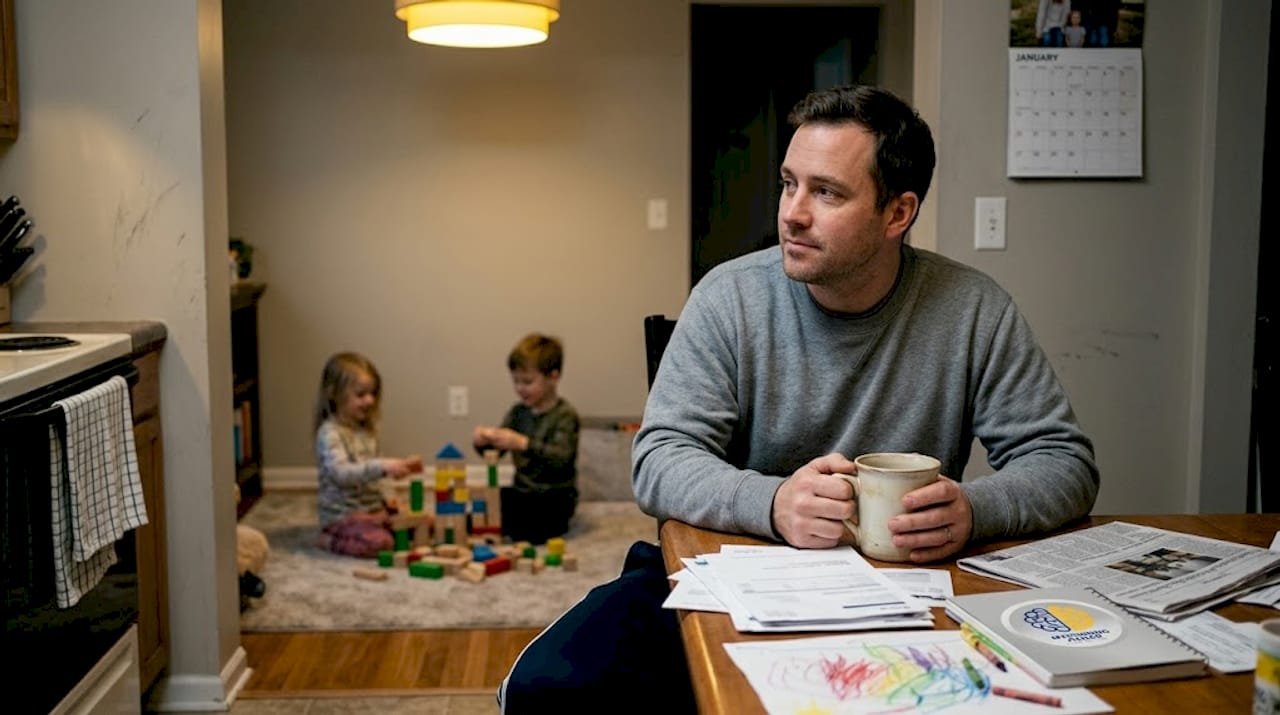 Thoughtful parent observing children at home