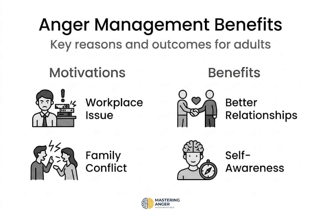 Infographic showing anger management motivations and benefits