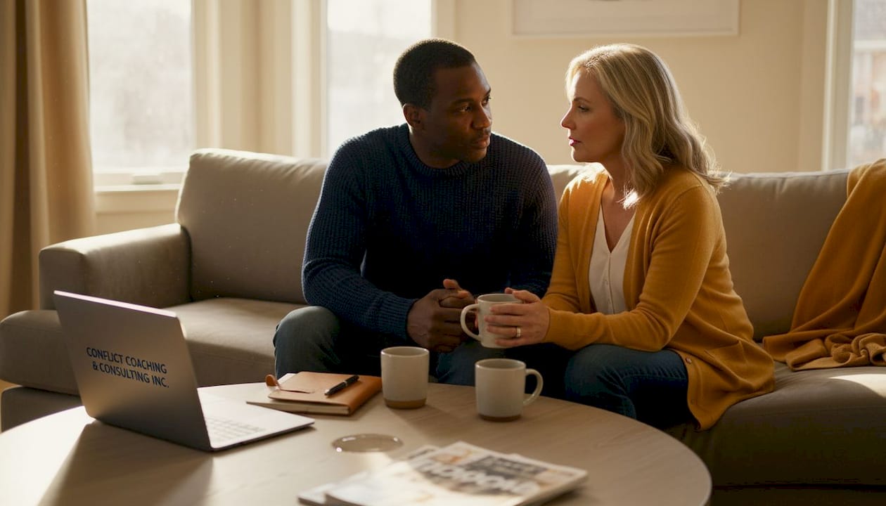 Couple discussing issues in lived-in living room