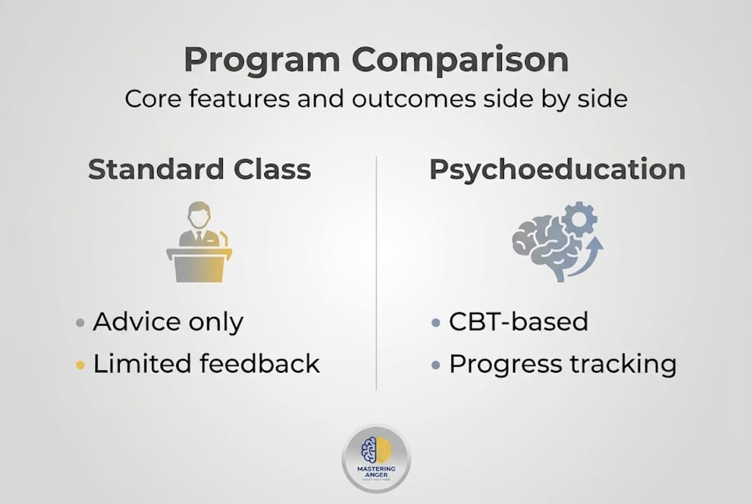 Infographic comparing standard and psychoeducation anger programs