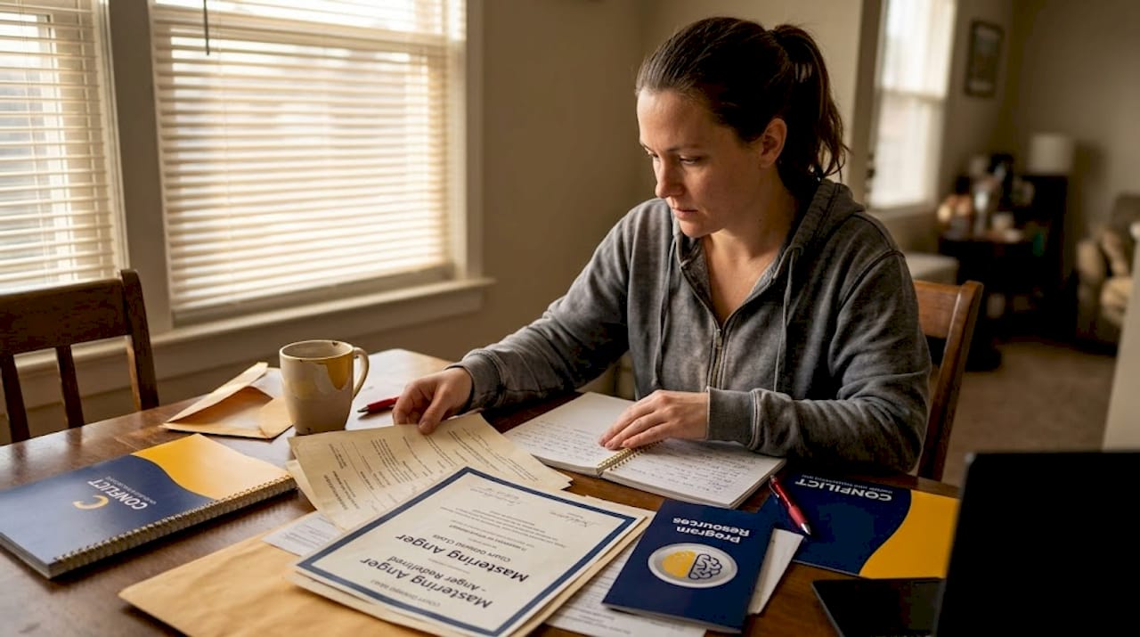Woman organizing court compliance paperwork at home
