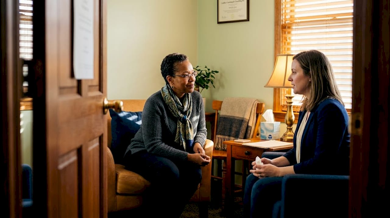 Therapist and client in comfortable office session