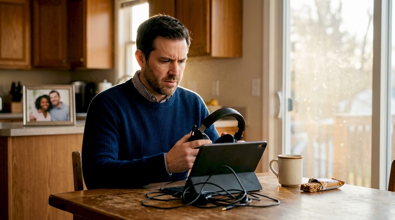 Counselor adjusting headset at kitchen table