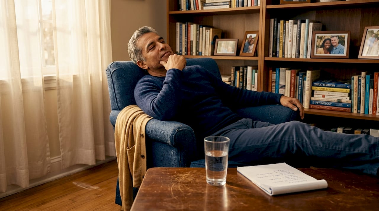 Man reflecting quietly in therapist’s living room