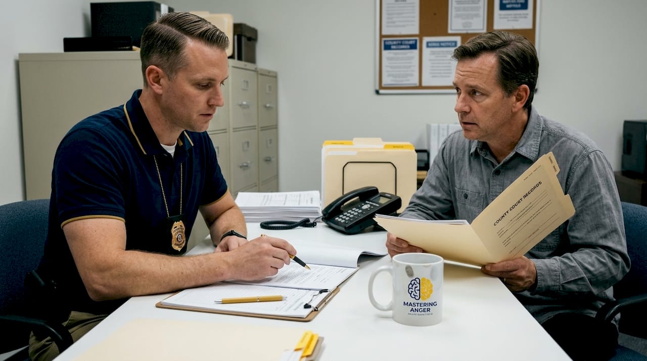 Probation officer reviews court documents with client