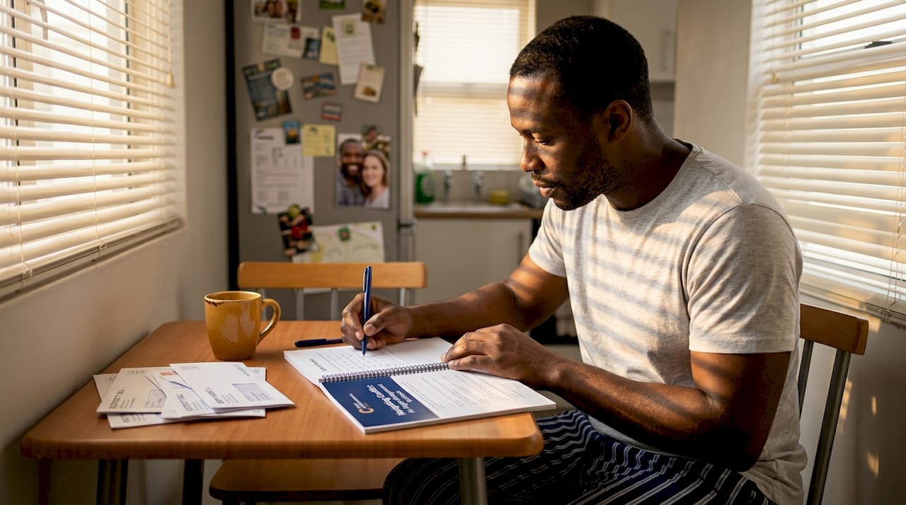 Man filling anger management workbook at kitchen table