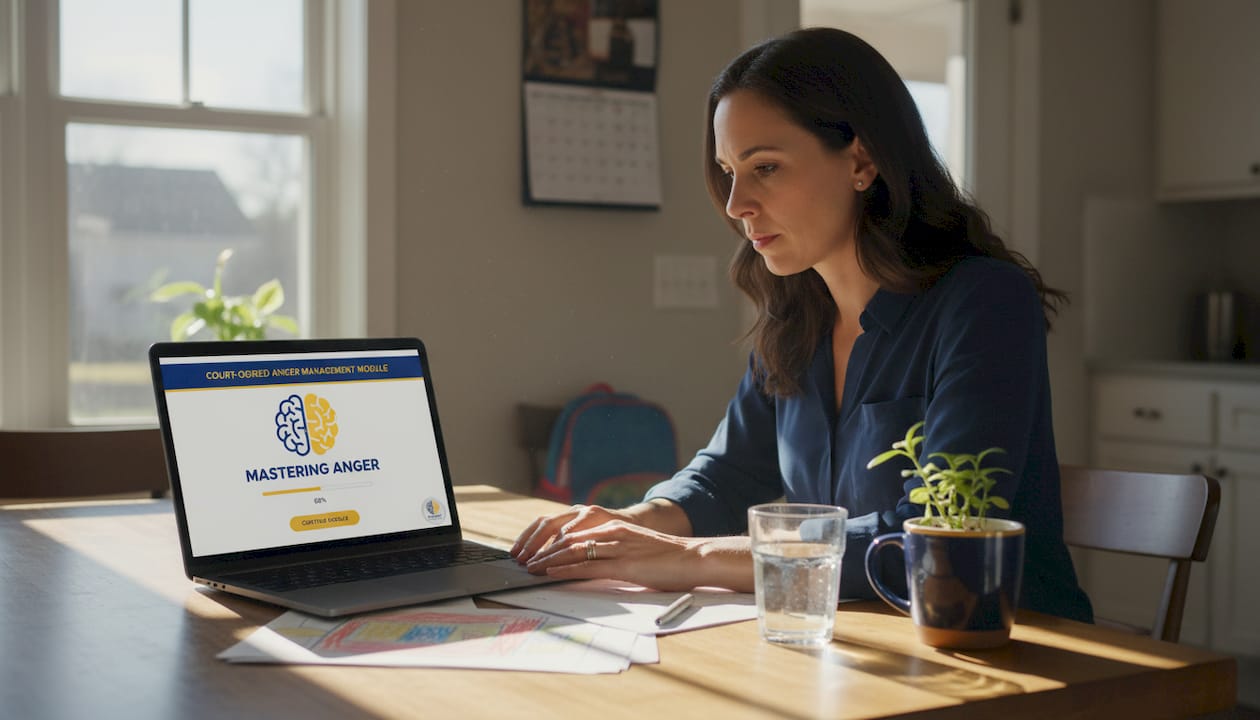 Woman completing online anger management course at kitchen table