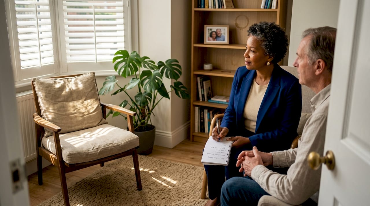 Therapist and client in comfortable home office