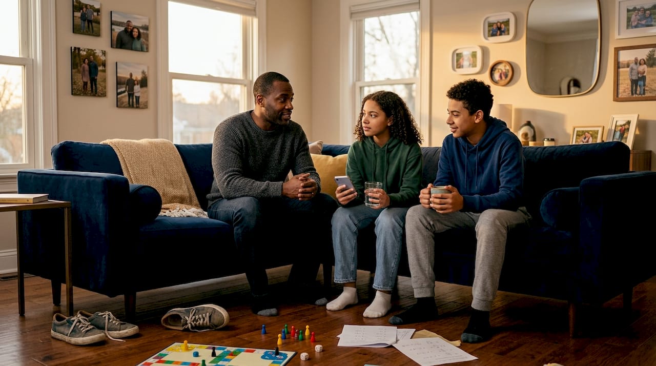 Family informal evening living room talk