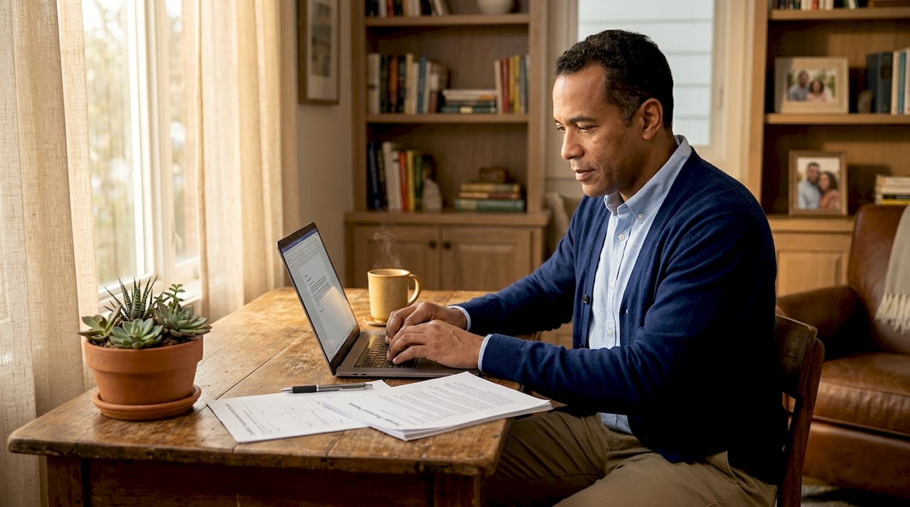 Man reviewing therapy protocol in home office