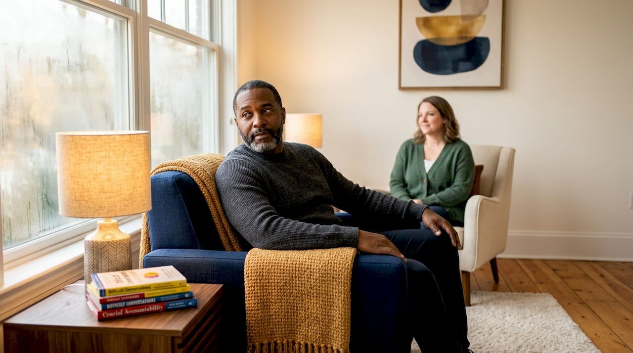 Man reflects quietly in therapist office