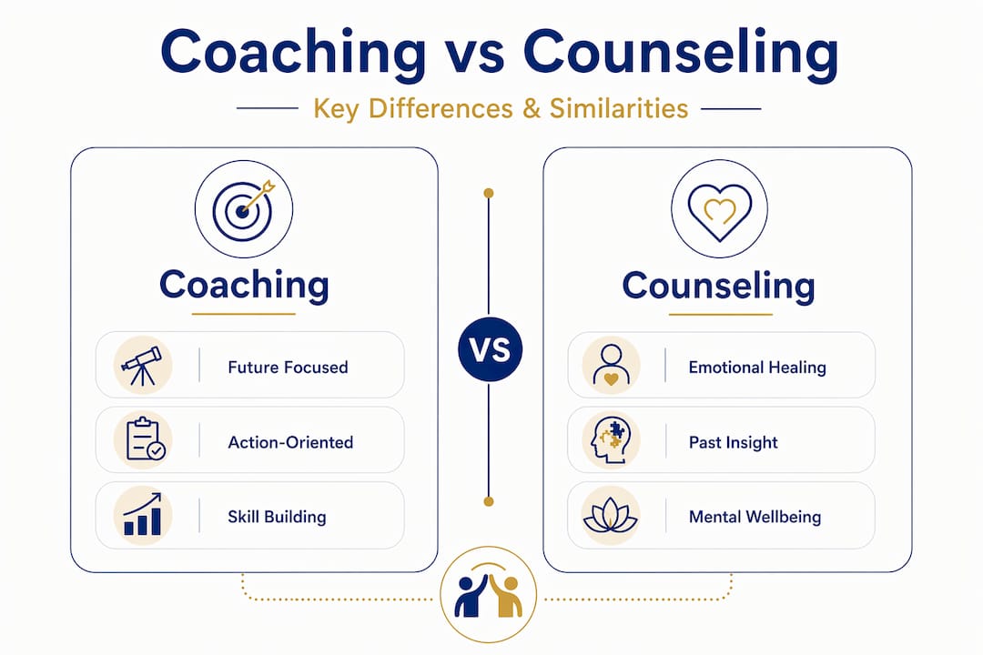 Infographic comparing coaching and counseling key differences