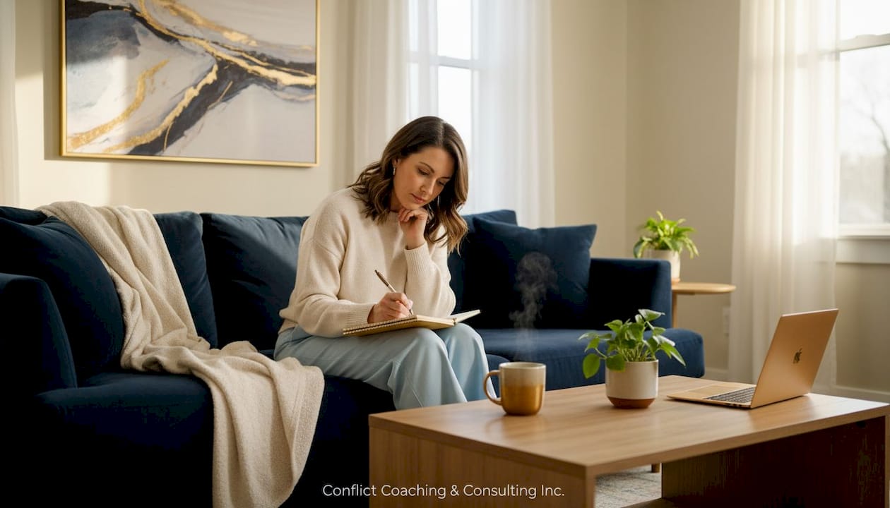 Woman journaling feelings on cozy apartment sofa
