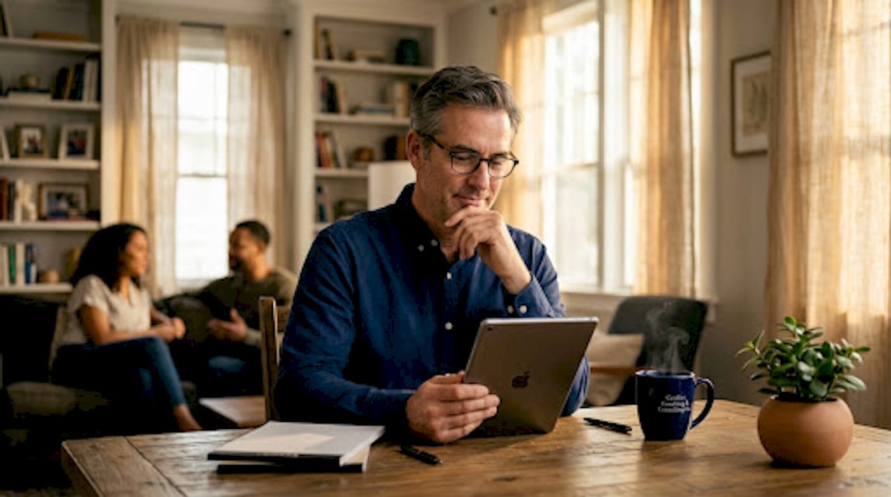 Man searching therapist profiles at kitchen table