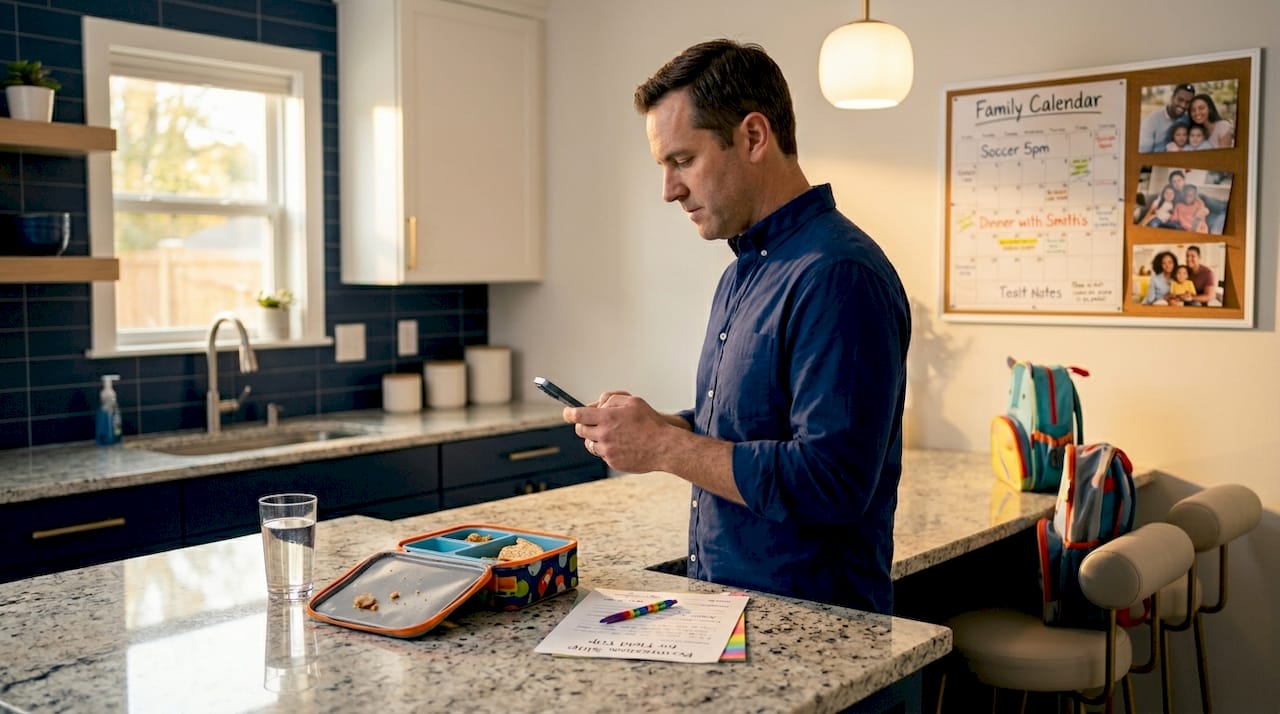 Father texting coparent at kitchen counter