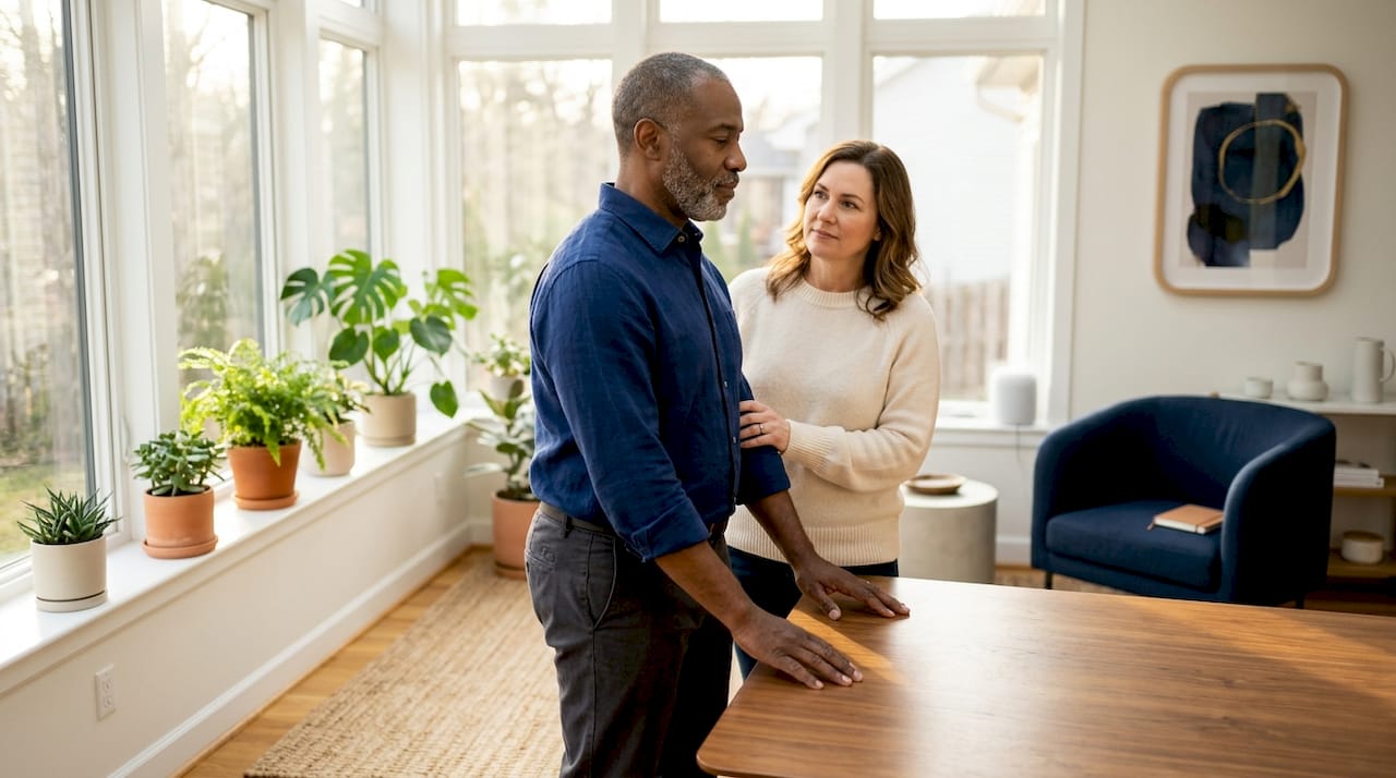 Man pauses to breathe by open window