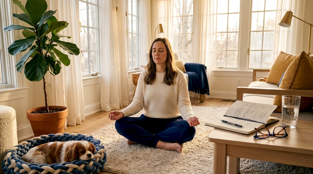 Woman practicing mindfulness breathing in living room