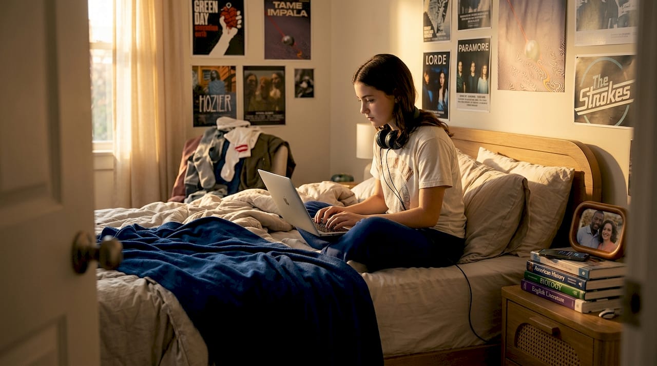Teen girl isolated in messy bedroom