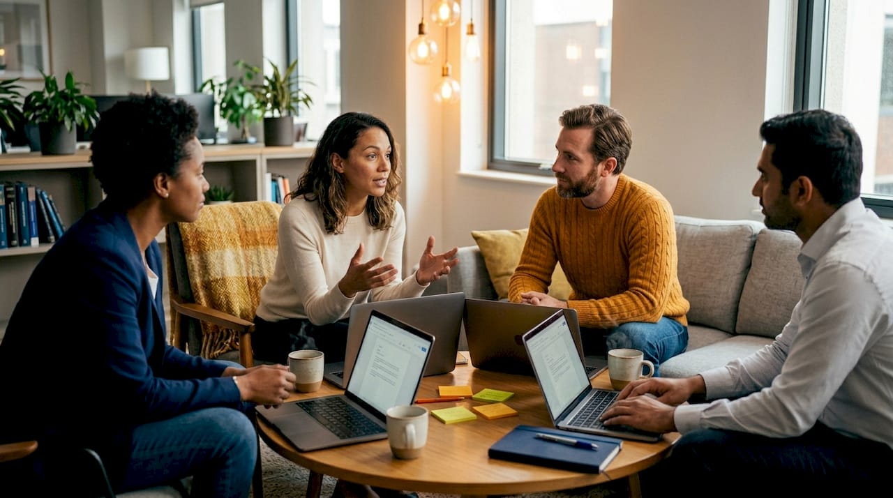 Work team listening and sharing in casual meeting