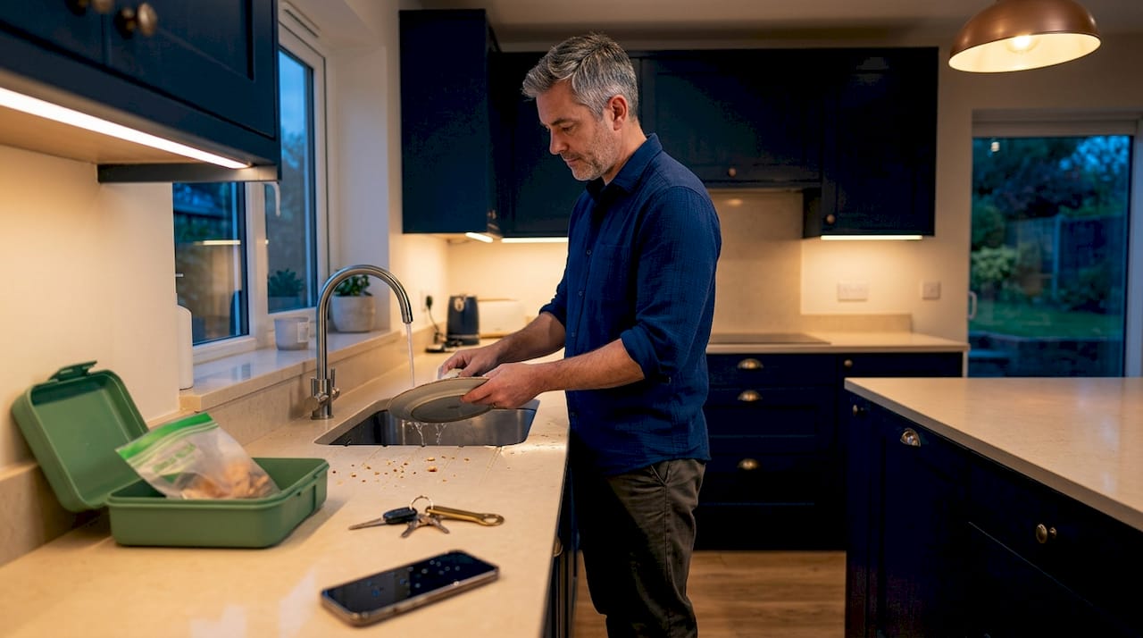 Father washing dishes alone in kitchen