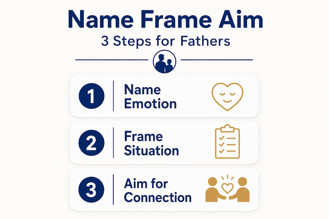 Infographic outlining Name Frame Aim steps