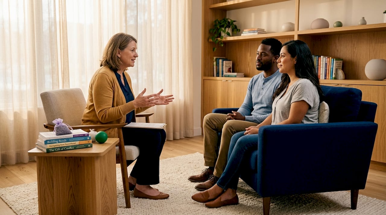 Therapist in comfortable counseling room talking