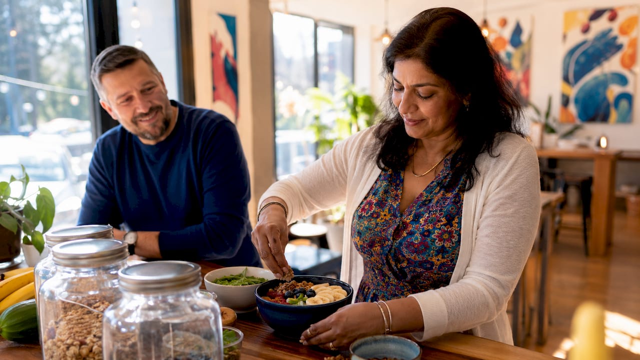 Woman preparing healthy salad in bright kitchen