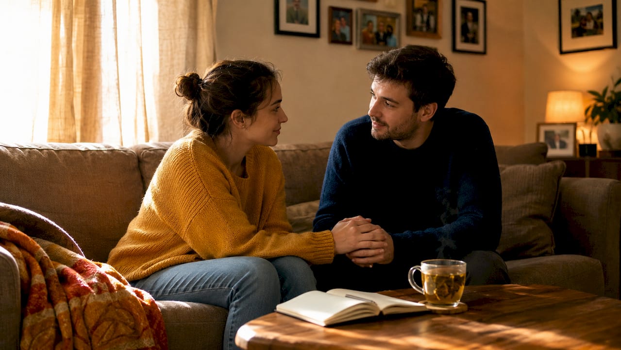 Couple engaged in gentle home conversation