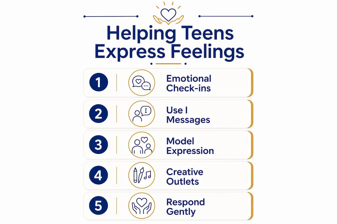 Infographic showing five steps to help teens express feelings