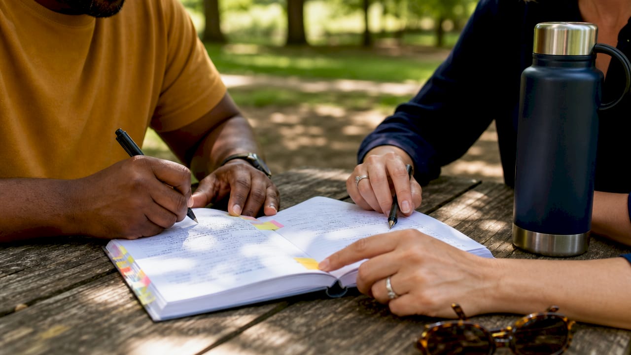 Couple writing in therapy workbook at kitchen table