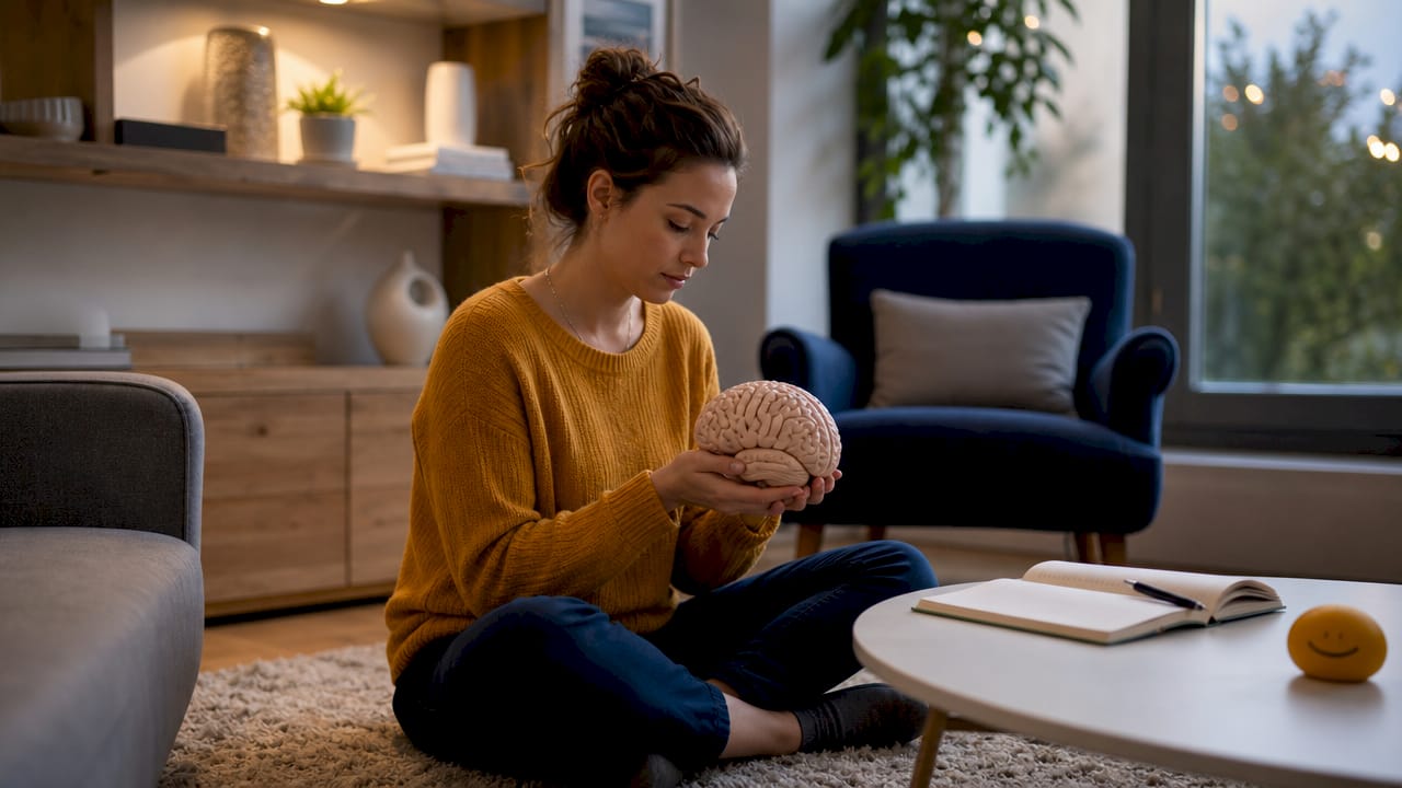 Hands holding brain model on desk