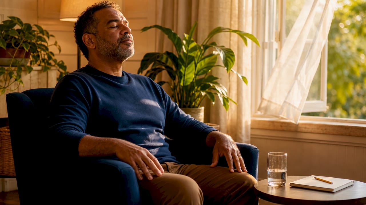 Father practicing emotional regulation sitting alone