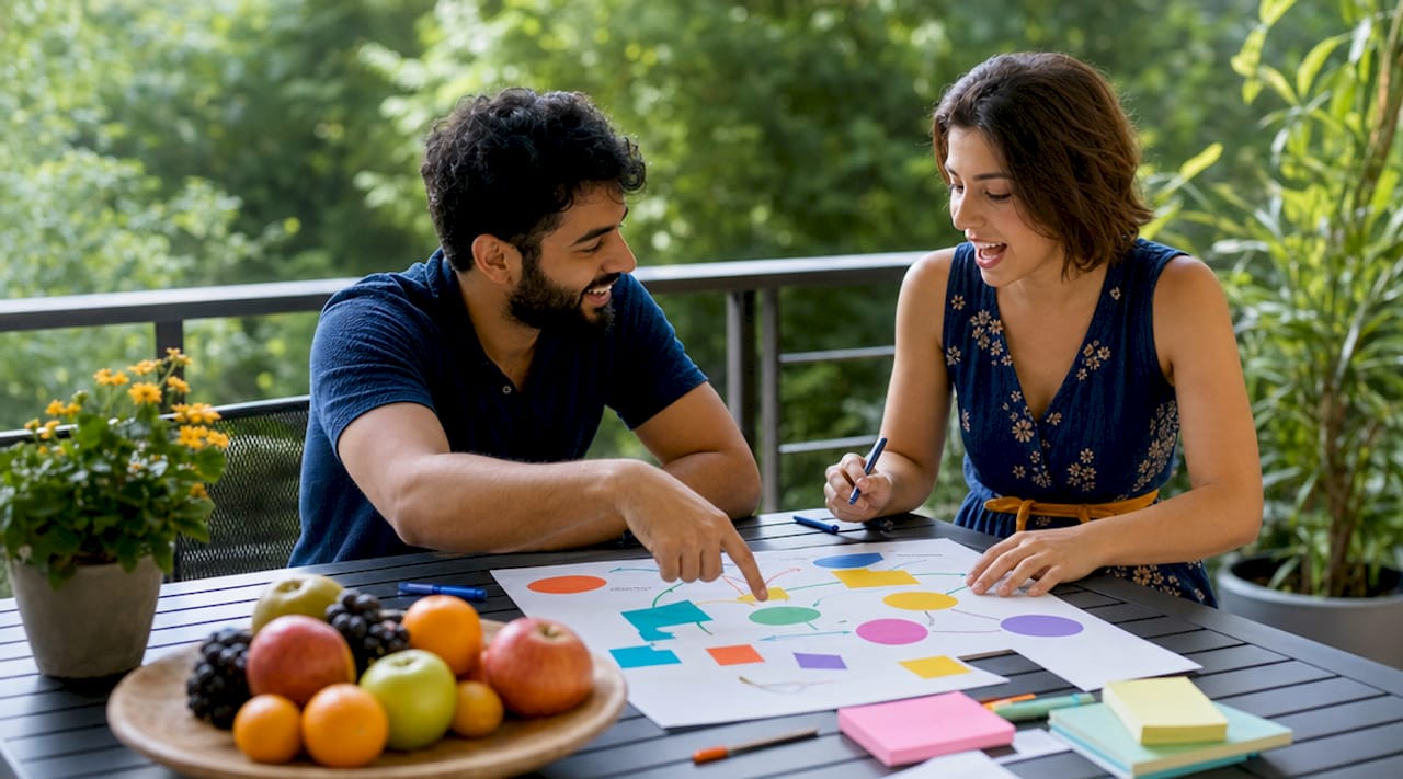 Couple writing communication rules at table
