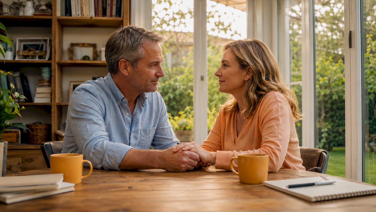 Couple calmly practicing conflict de-escalation