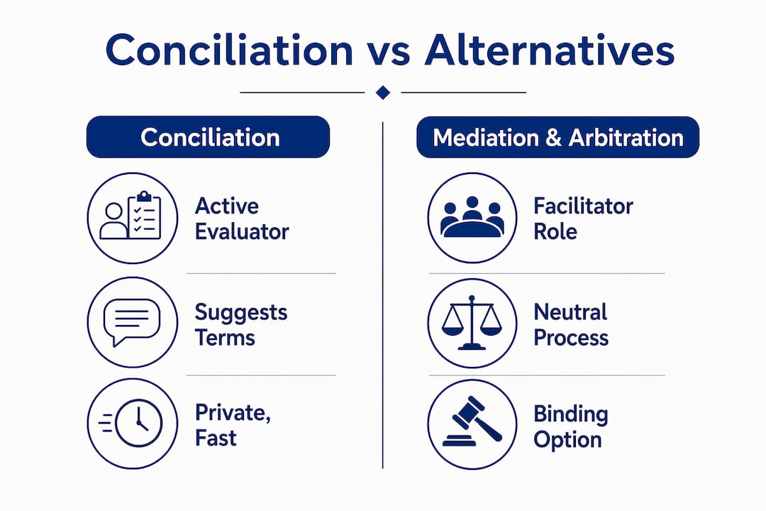 Infographic comparing conciliation with mediation and arbitration