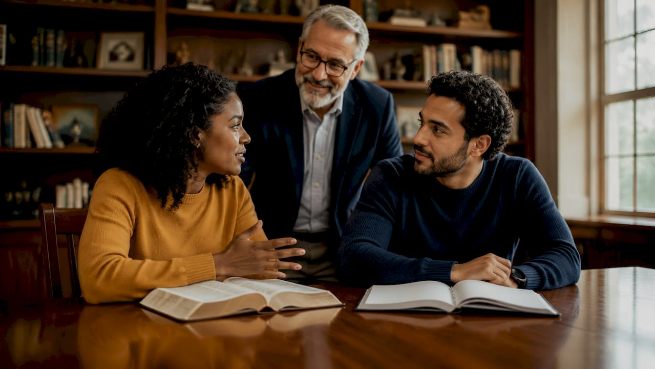 Pastor guiding engaged couple during counseling