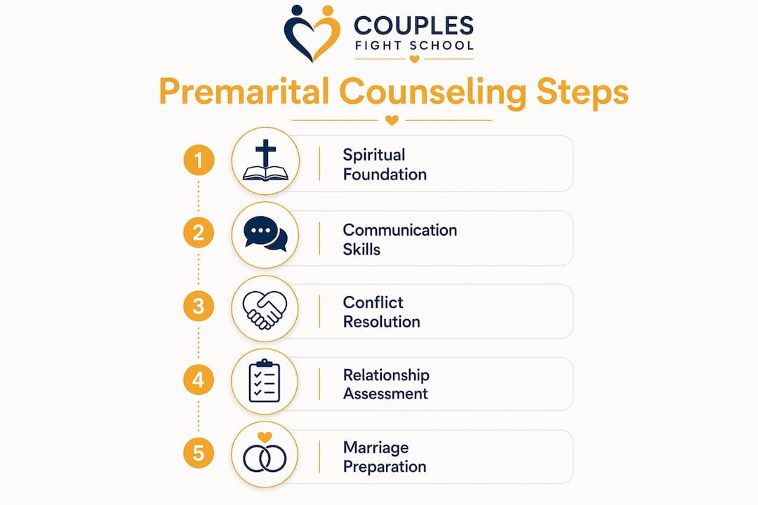 Infographic showing premarital counseling steps and benefits