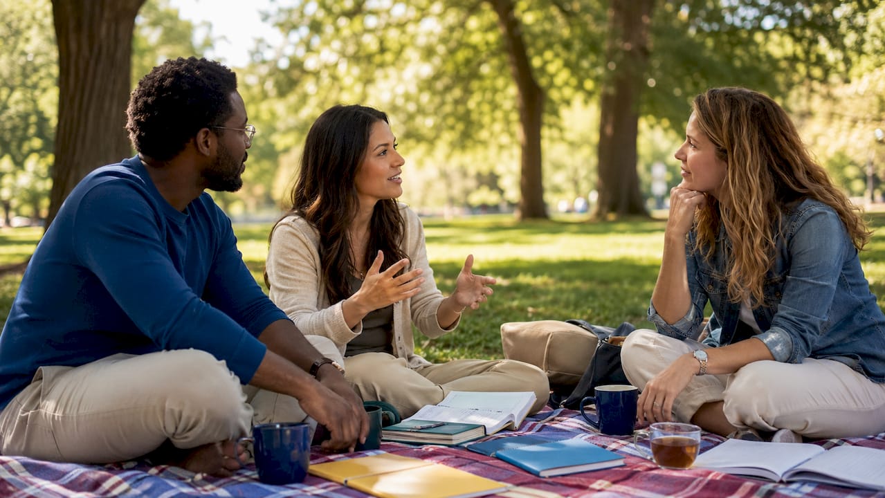Group of friends discussing coping strategies at café