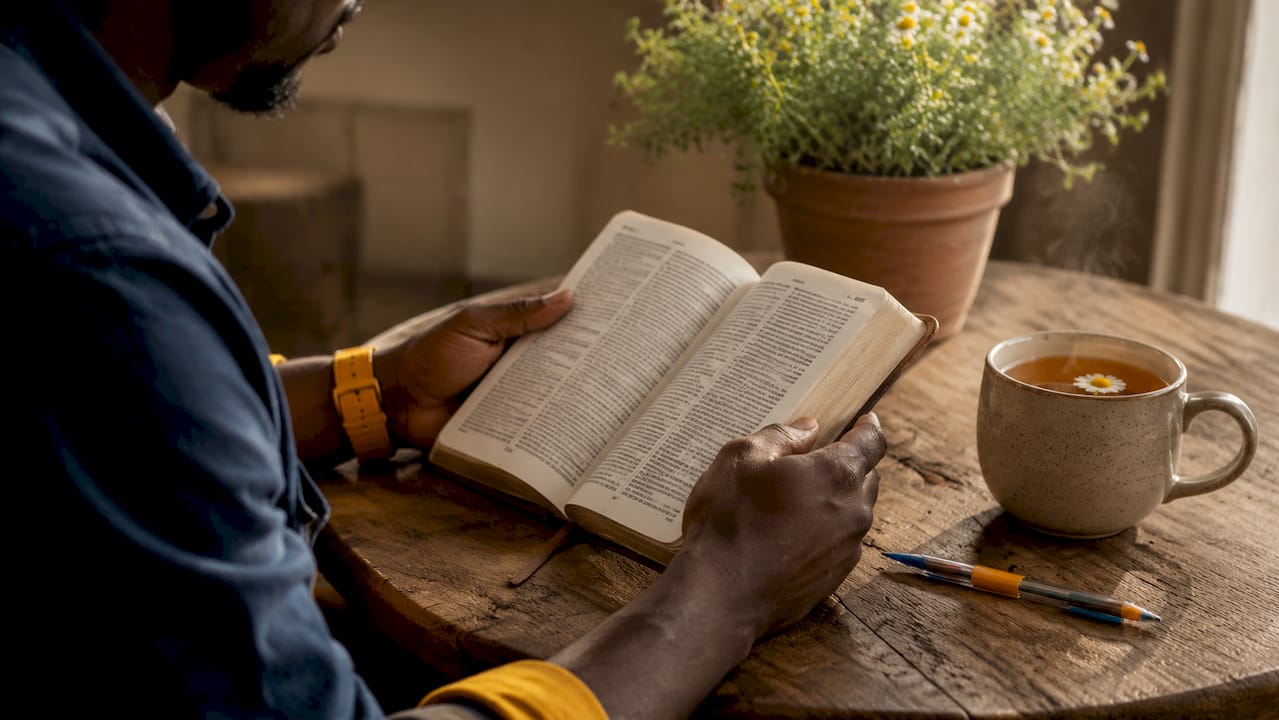 Close-up of hands holding open Bible
