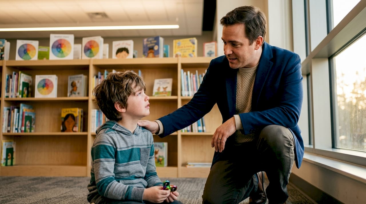 Teacher comforting student in classroom corner