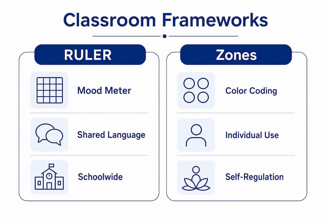 Comparison infographic of emotional regulation frameworks RULER and Zones of Regulation