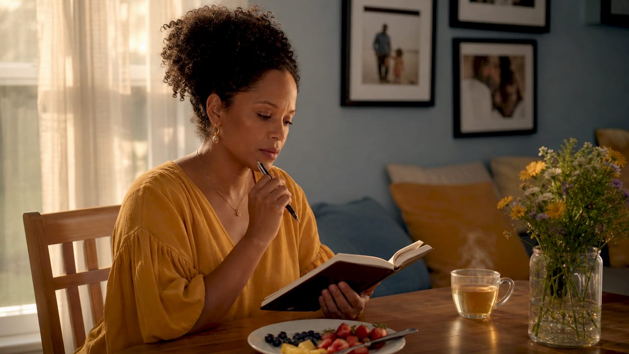 Woman reflecting while writing in journal at kitchen table