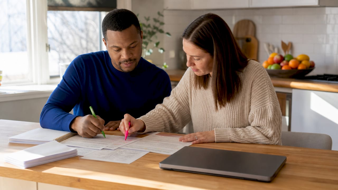 Hands organizing family mediation documents at home