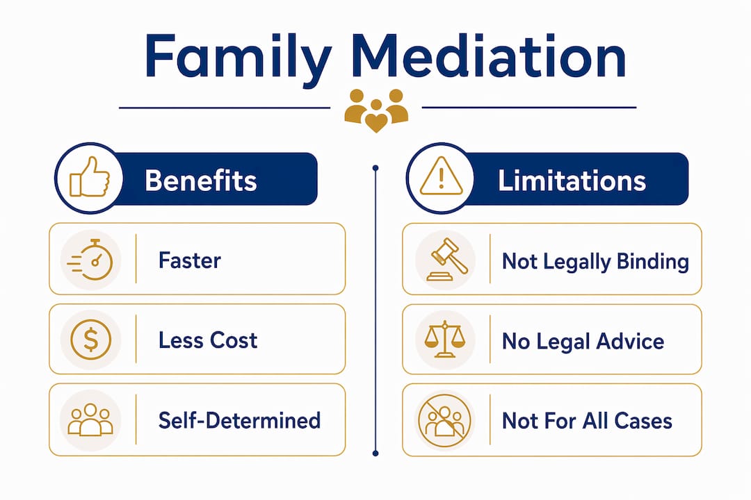 Infographic contrasting benefits and limitations of family mediation